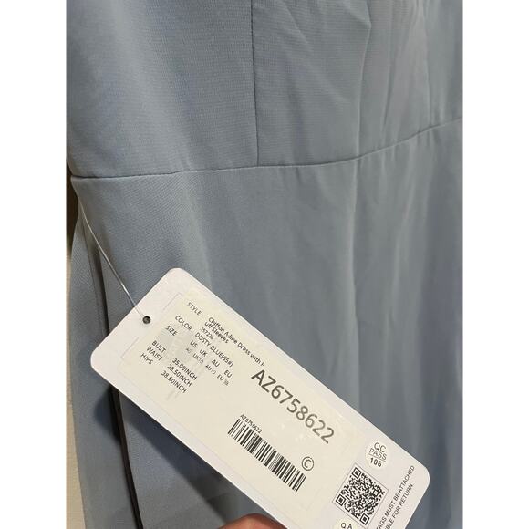 NWT Barbie x Azazie Chiffon A-Line Dress with Puff Sleeve Dusty Blue Women's 6A - Picture 6 of 8